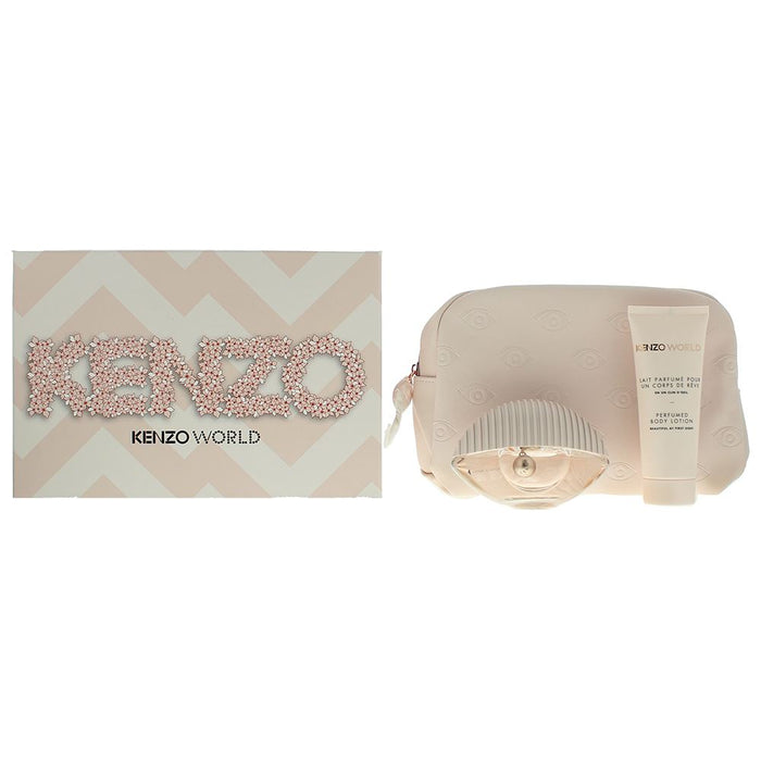 Kenzo World EDT 50ml - Body Lotion 75ml & Pouch Pink Box Gift Set Women