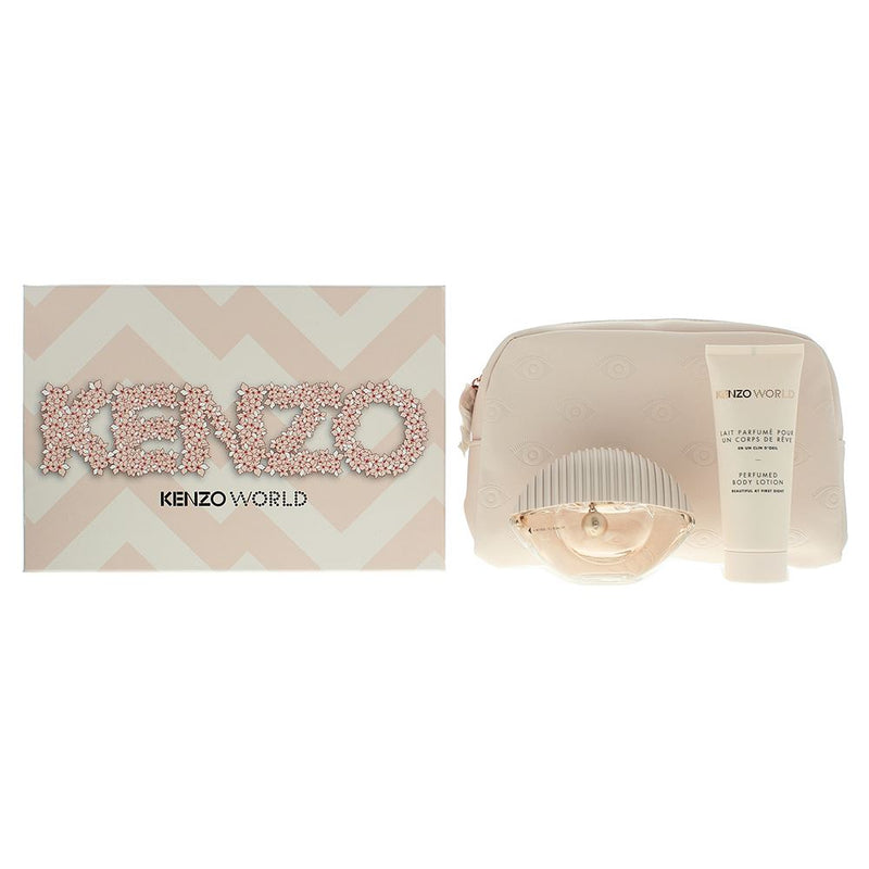 Kenzo World EDT 75ml - Body Lotion 75ml & Pouch Pink Box Gift Set Women