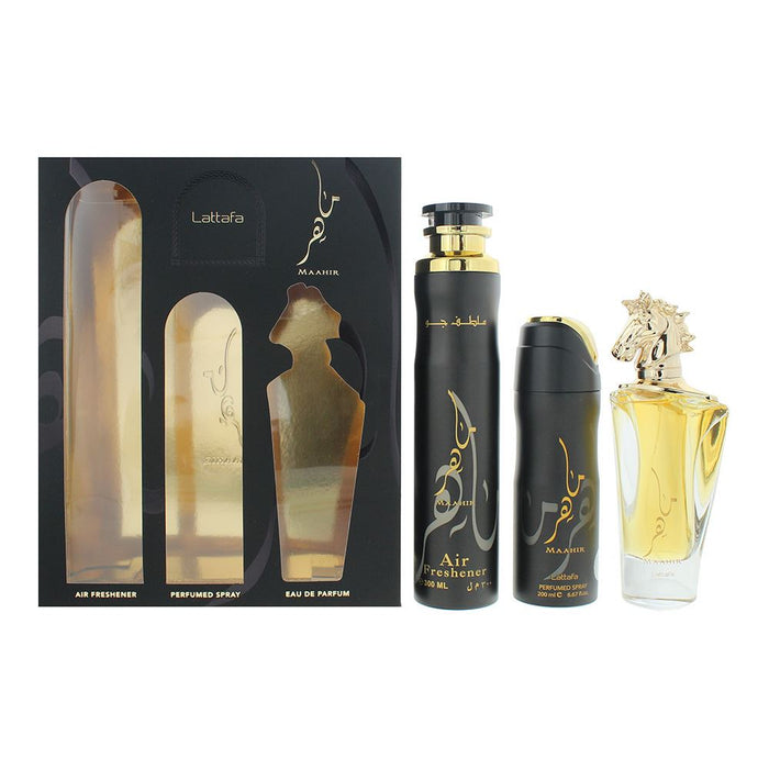 Lattafa Maahir 3pc Gift Set EDP 100ml  Body Spray  Air Freshener Unisex